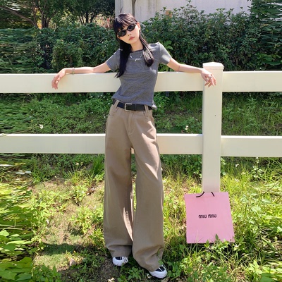 PVJ卡其色慵懒宽松显瘦牛仔裤