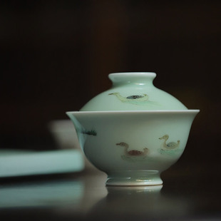 忘言造物手绘加油鸭盖碗景德镇陶瓷豆青釉粉彩手工茶碗中式