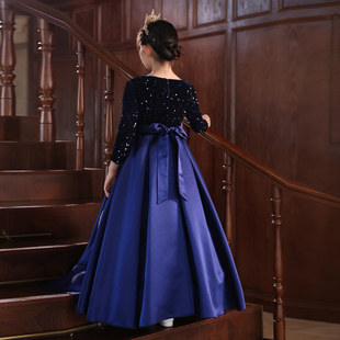 女童长袖亮片蓝色公主裙钢琴演出服主持人走秀舞台装缎面大摆裙