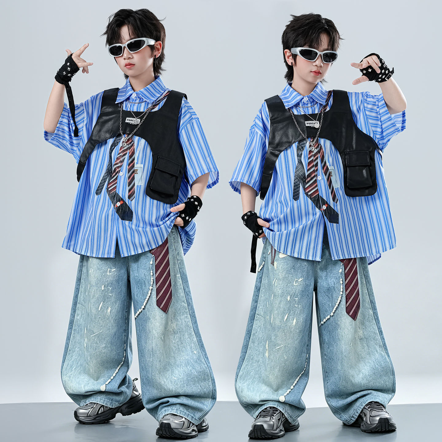 街舞儿童潮服男童嘻哈演出服条纹衬衫套装少儿hiphop酷帅炸街服装