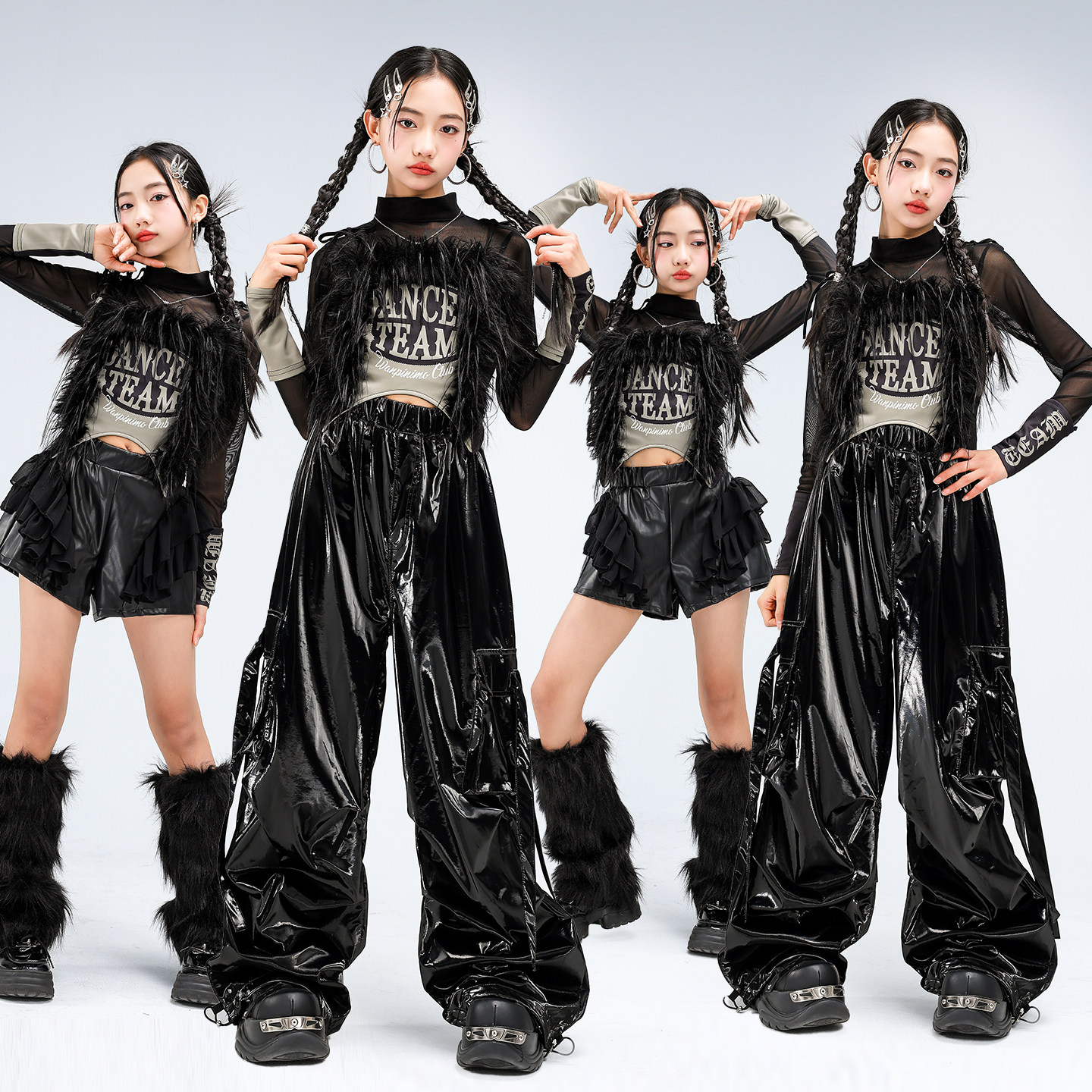 女童爵士舞服装黑色亮皮套装少儿jazz街舞潮酷女团舞蹈时髦演出服图片
