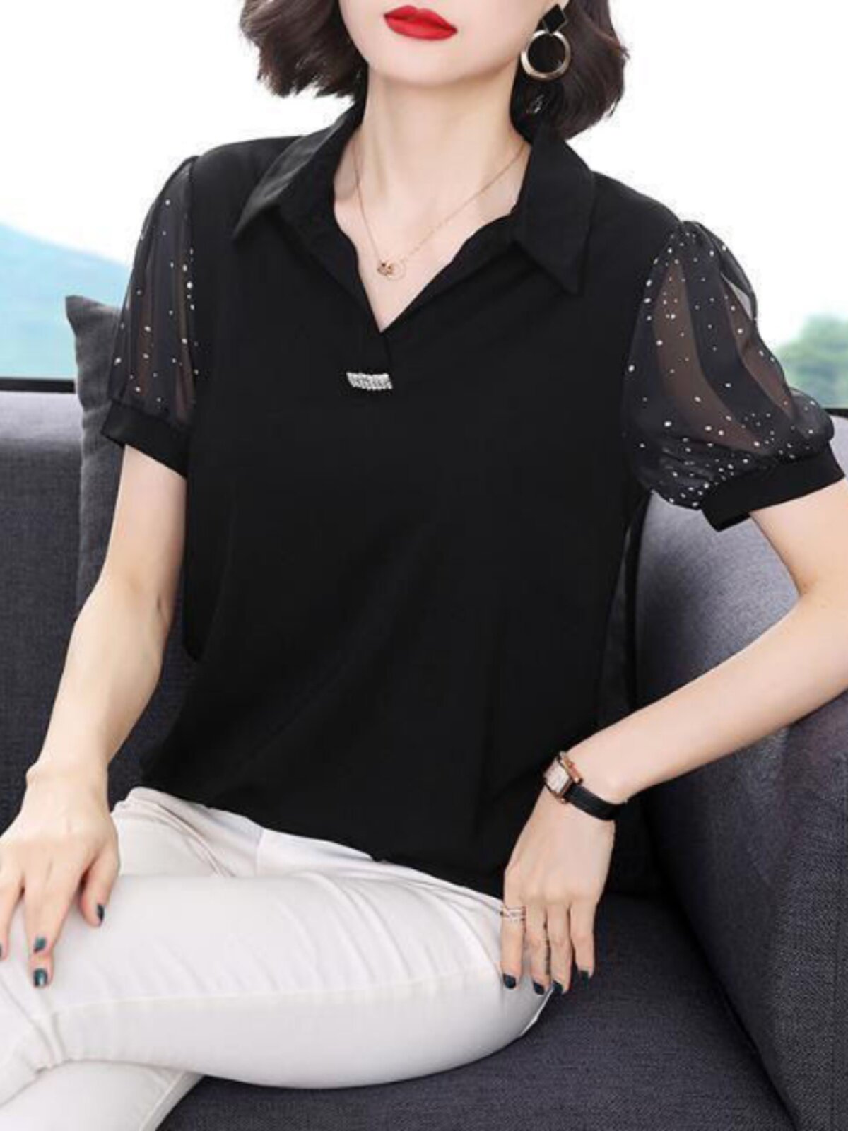 중년 어머니의 이른 봄 착용 새로운 긴팔 쉬폰 셔츠 여성 셔츠 중간 소매 느슨한 메쉬 탑 유행 스타일