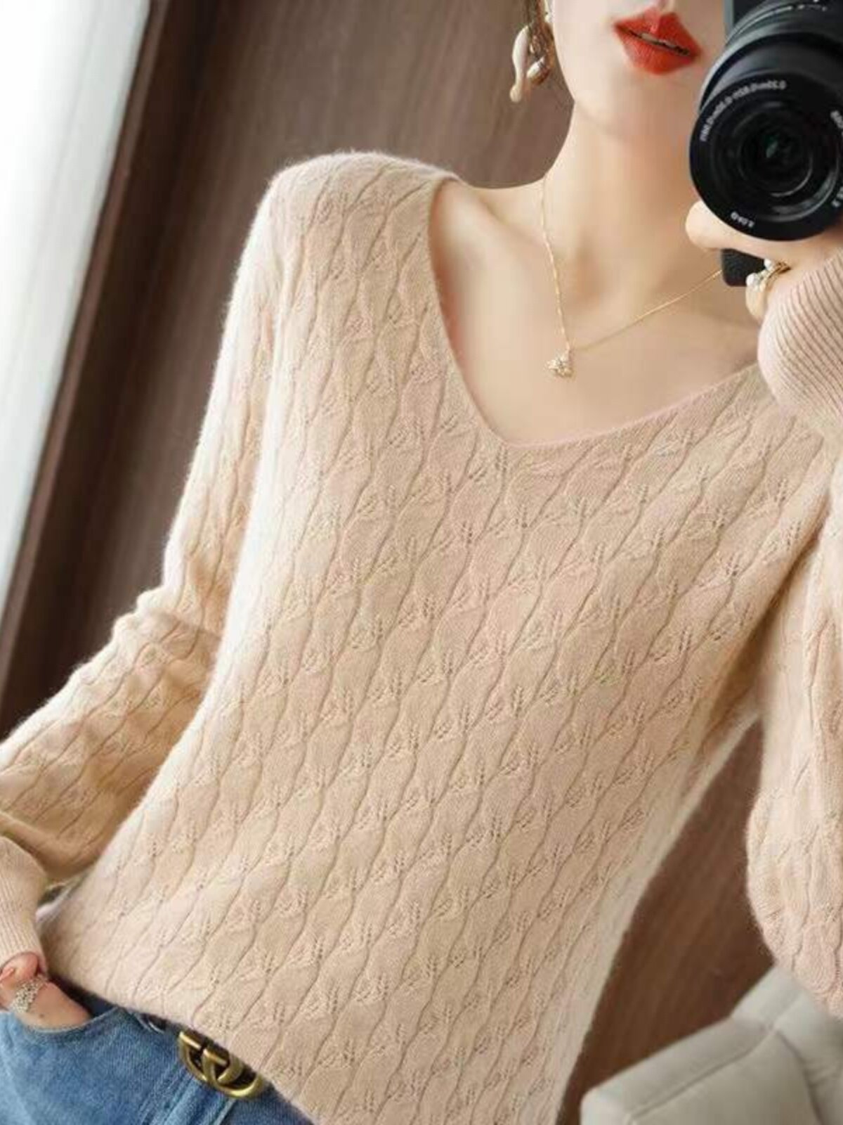 FOREIGN LOOSE V-NECK KNITTED SWEATER WOMENS THIN SPRING AND AUTUMN TEMPERAMENT HOLLOW LONG-SLEEVED UNDERSHIRT FASHIONABLE OUTER TOP