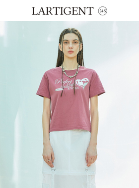 LARTIGENT 24S新款白色字母心形印花正肩短袖T恤女圆领内搭通勤