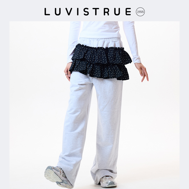 LUV IS TRUE 25春新款花边分层波点假两件裙裤女运动卫裤