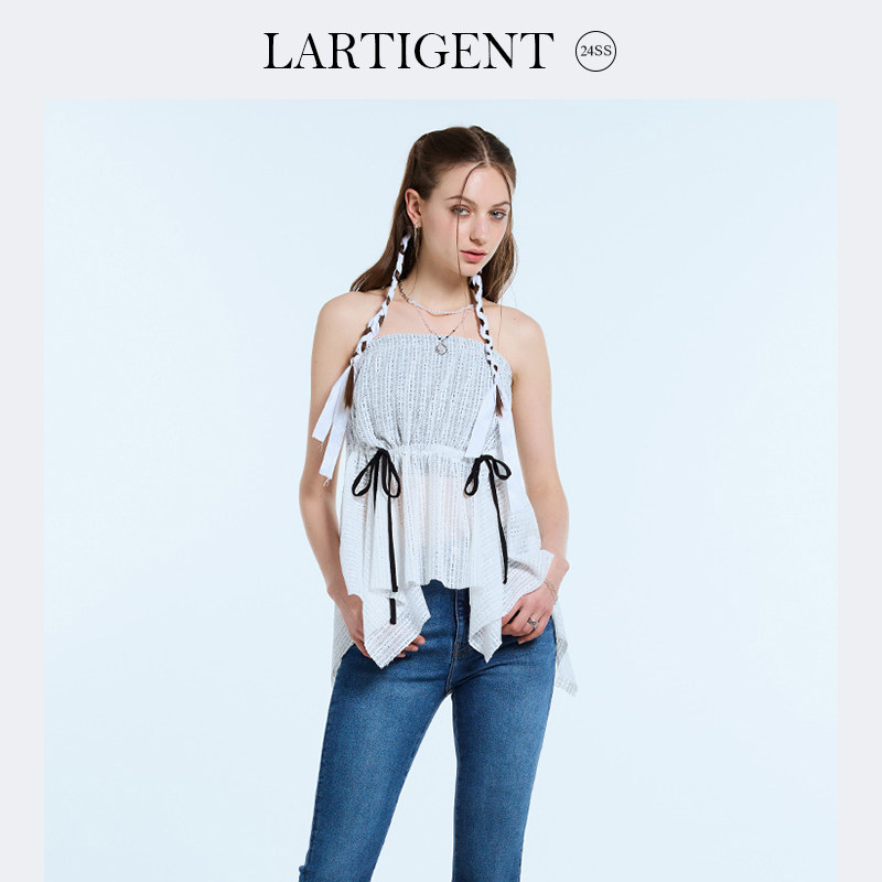 LARTIGENT 24夏新款一字领抹胸蕾丝吊带上衣女网纱半身不规则短裙