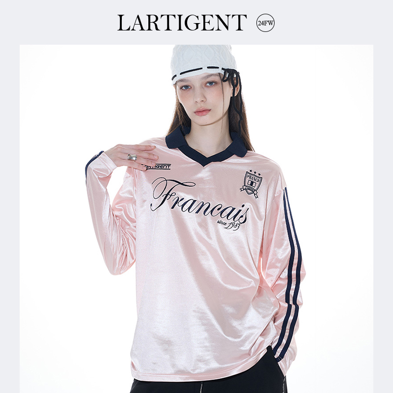 LARTIGENT 24秋法式足球风字母刺绣长袖T恤女士V领宽松运动衫