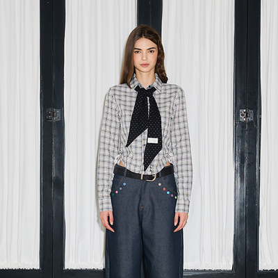 LARTIGENT 25新款学院风蕾丝抽绳收腰短款长袖格纹衬衫