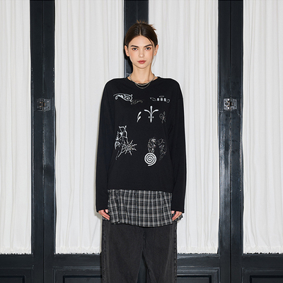 LARTIGENT 25秋新款印花简约长袖T恤女宽松圆领套头打底衫