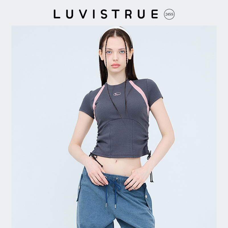 LUV IS TRUE 24夏季新款侧边抽绳收腰短袖T恤女修身显瘦短款上衣
