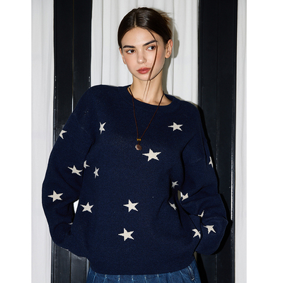 LARTIGENT 25秋新款星星图案圆领毛衣女宽松羊毛针织衫上衣
