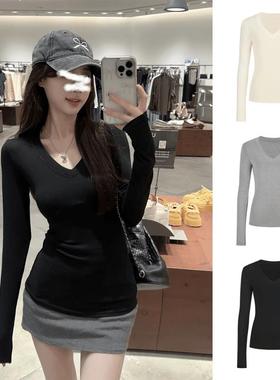美式辣妹设计感V领德绒长袖T恤女2025新款秋季内搭基础打底衫上衣