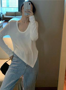 不规则白色修身长袖T恤女2025秋装新款设计感学生内搭打底衫上衣