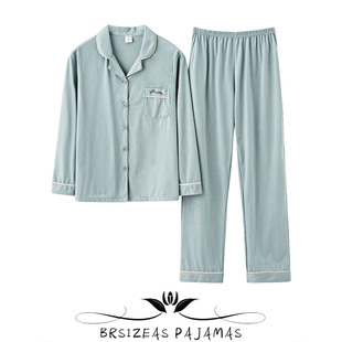 长袖 翻领棉质开衫 长裤 薄款 家居服 夏季 21.9一套清仓睡衣女春秋季