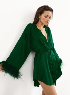 Feather Bathrobes Satin Sexy Mini Dress Long Sleeve Loose Pe