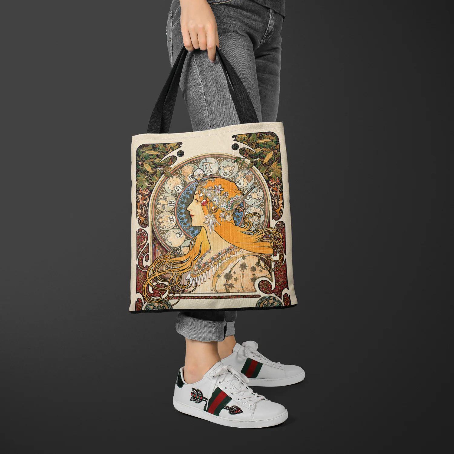 Mucha Series Digital Printed Canvas Bag Open Tote Bag Handba