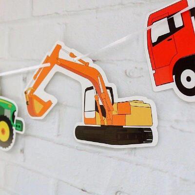 Seven Car Excavator Truck Garland Paper Truck Banner for