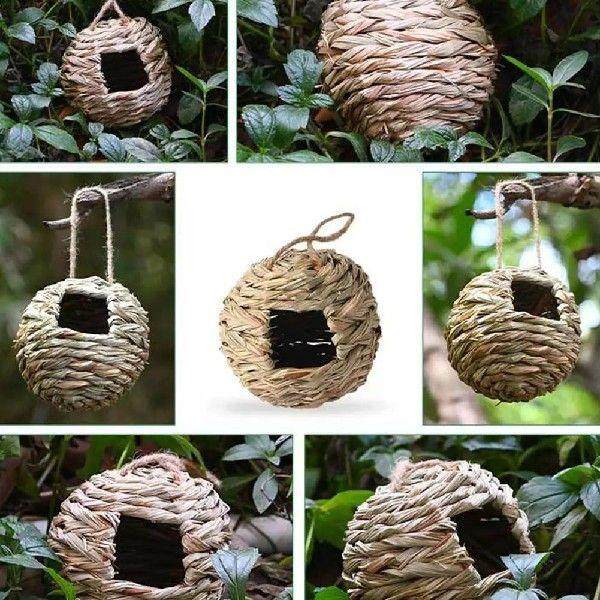 Handwoven Round Grass Bird Cage Hanging Outdoor Natural