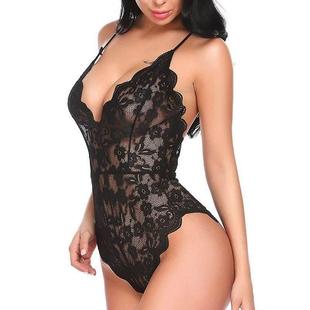 Tone Neck Strap Bodysuit吊带蕾丝V领紧身连体衣女 Lace Solid