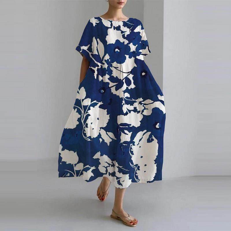Loose round neck high-end short sleeved printed dress
