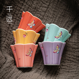 蝶恋花花口茶杯功夫茶品茗杯单只陶瓷主人杯单杯客杯小清新茶具