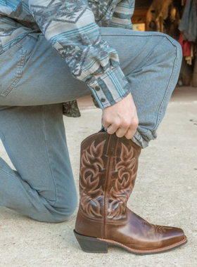 美国代购Laredo男靴牛仔靴秋季中筒靴刺绣中跟复古西部靴