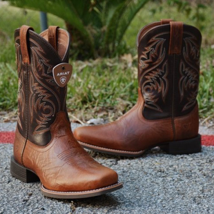美国直邮Ariat男款秋季秋款雕花牛仔靴头层牛皮中筒靴复古骑士靴