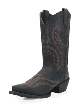 美国直邮Laredo男靴西部牛仔靴黑色刺绣尖头中跟休闲靴