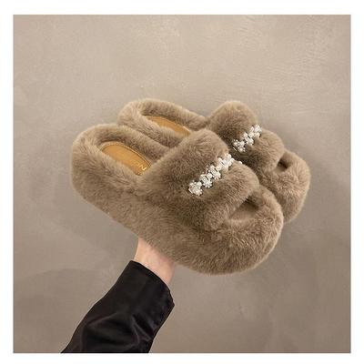 超火赵露思同款毛拖鞋厚底居家外穿保暖毛毛后跟带一字拖鞋棉鞋女