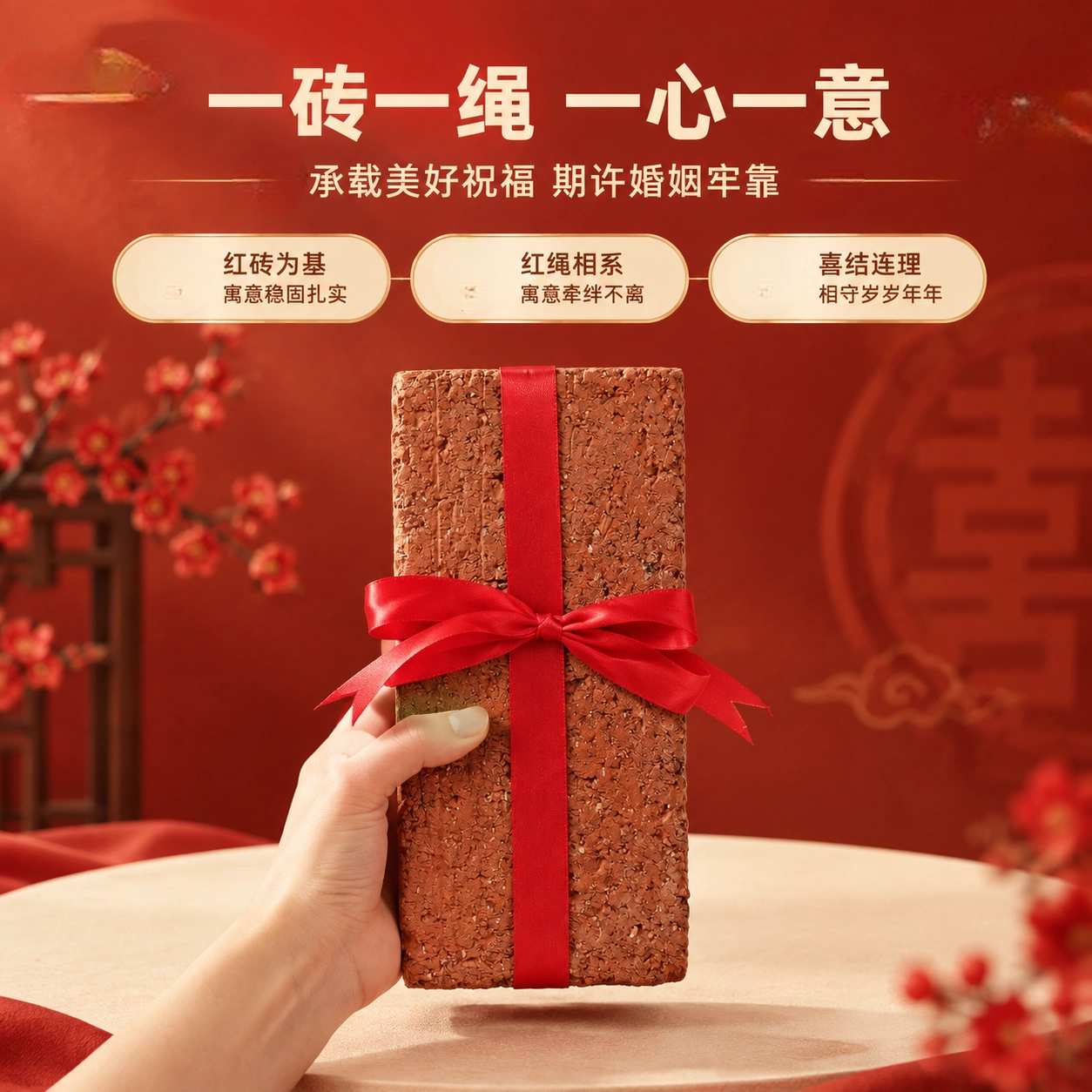 红砖捆红绳婚房装扮用品中式摆件