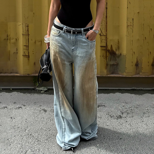 AOMR美式做旧锈迹洗水直筒牛仔裤女街头复古低腰宽松阔腿拖地长裤