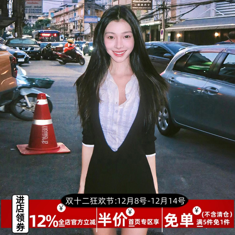 易梦玲学院风撞色拼接翻领连衣裙