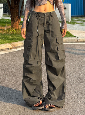 AOMR军绿色复古多口袋梭织工装裤女街头系绳捏褶宽松阔腿休闲裤潮