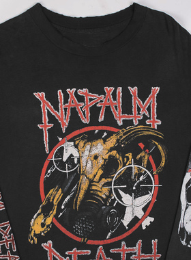罕见！Napalm Death Vintage水洗破洞重磅摇滚乐队高街长袖T恤