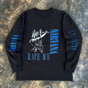 罕见！Nirvana1993歌曲Rape Me 90s Vintage 水洗破坏重磅长袖T恤