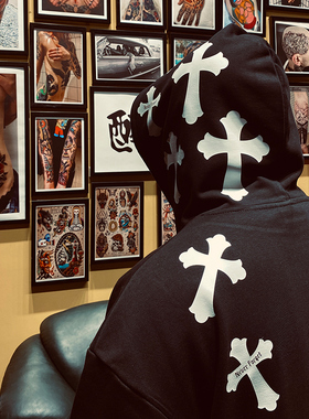 Ice Valley冰谷 国潮原创街头复古西海岸Tattoo十字架连帽卫衣男