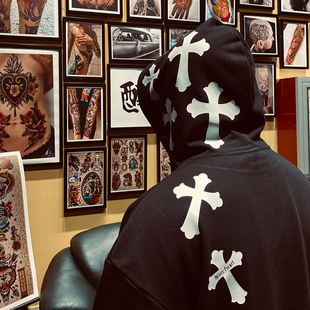 Ice 国潮原创街头复古西海岸Tattoo十字架连帽卫衣男 Valley冰谷