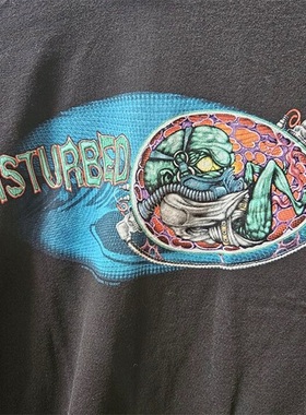 2001 Disturbed美国摇滚乐队巡回演唱会主题Vintage水洗磅长袖T恤