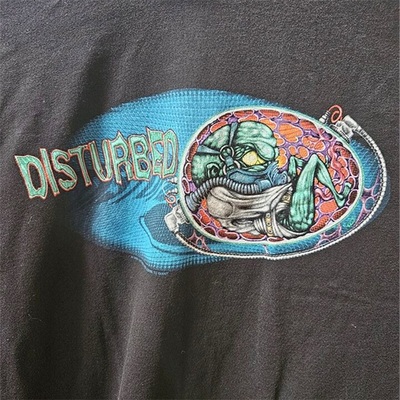 2001 Disturbed美国摇滚乐队巡回演唱会主题Vintage水洗磅长袖T恤
