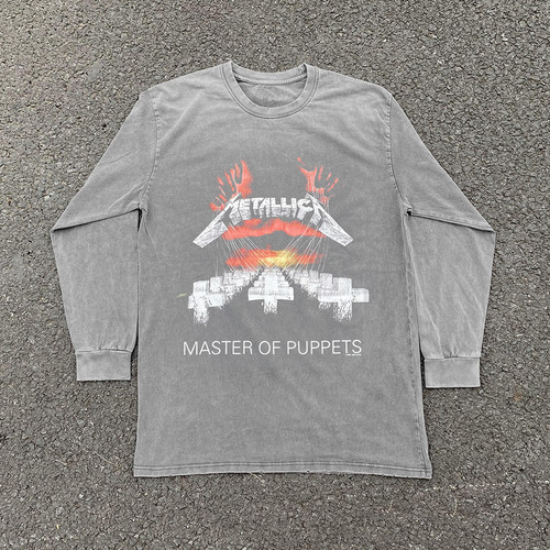 Master Of Puppets金属乐队专辑美式vintage重磅水洗做旧长袖T恤