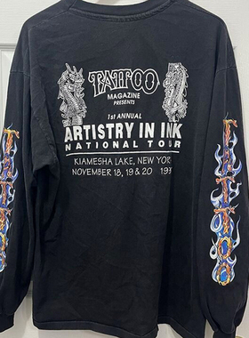 Tattoo 纹身图案大印花复古水洗做旧嘻哈摇滚Vintage重磅长袖T恤