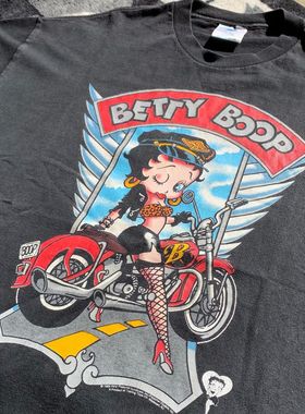 Betty Boop娃娃美式复古动画T恤水洗重磅vintage短袖裂印印花
