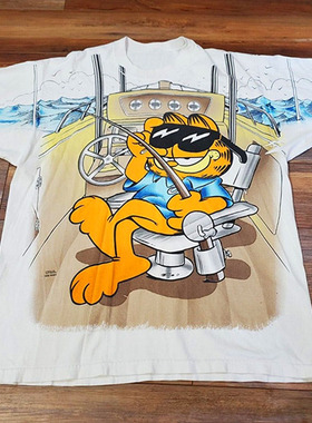 Garfield Fishing Boat 满印美式复古做旧Oversize重磅短袖T恤