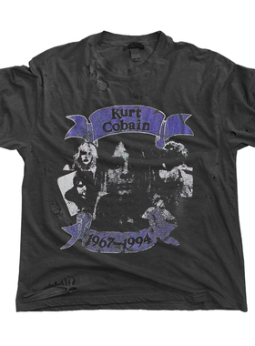 冰谷KURT COBAIN摇滚乐队印花T恤黑色做旧水洗短袖美式嘻哈风破洞