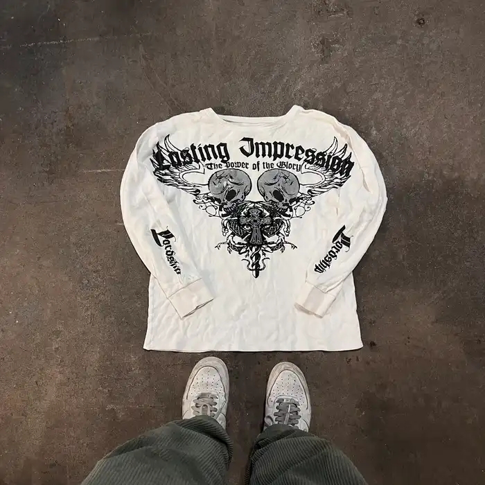 美式复古哥特朋克骷髅暗黑风花体英文vintage直喷重磅长袖t恤