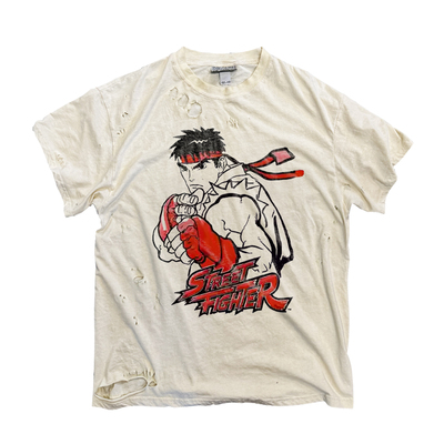 复古做旧破洞街霸卡通印花短袖T恤男浅米色二次元风潮牌上衣