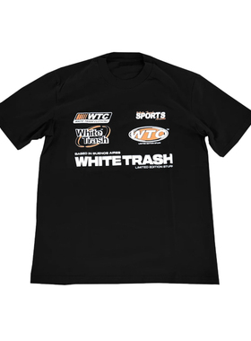 WHITE TRASH 阿美咔叽重磅美式复古重磅黑色款小领口logo拼接短袖