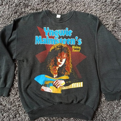 罕见！Yngwie Malmsteen玛姆斯汀吉他手复古做旧嘻哈重磅长袖T恤