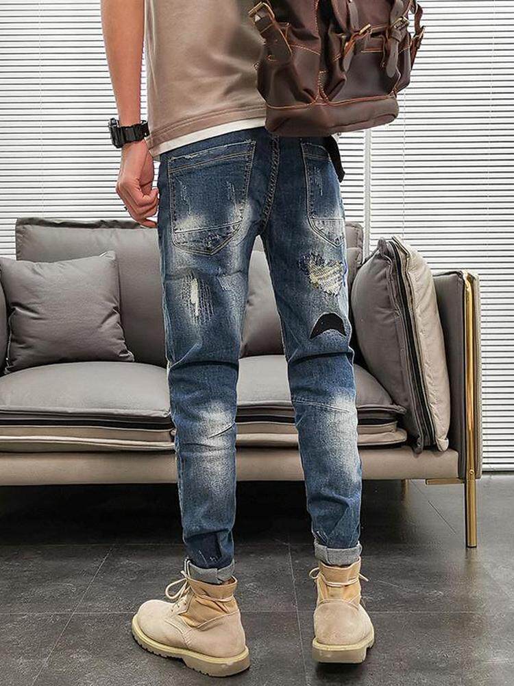 남자 찢어진 청바지 남자 트렌디한 여름 얇은 한식 스타일 트렌디한 활용도 높은 자수 팬츠 작은 발을 위한 슬림핏 바지