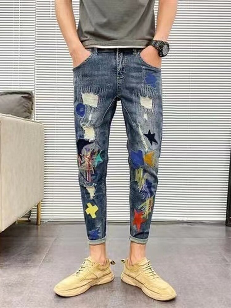 남자 찢어진 청바지 남자 트렌디한 여름 얇은 한식 스타일 트렌디한 활용도 높은 자수 팬츠 작은 발을 위한 슬림핏 바지